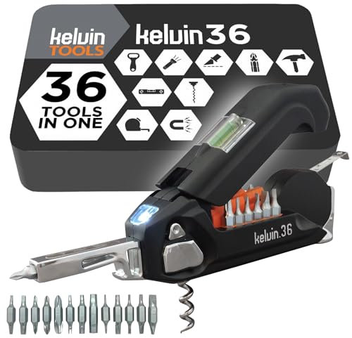 KELVIN 36-in-1 Schraubendreher Set mit 26 Präzisionsbits, Maßband, Korkenzieher, Hammer und weiteren Gadgets für Männer - Vielseitiges Multi-Tool Feinmechaniker Werkzeug Set für Heimwerker