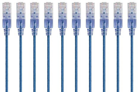 Monoprice Cat6A Ethernet Patch Cable - Network Internet Cord - 0.3M (1ft) - Blue (10-Pack) RJ45, Stranded, 550Mhz, UTP, Pure Bare Copper Wire, 10G, 30AWG - SlimRun Series