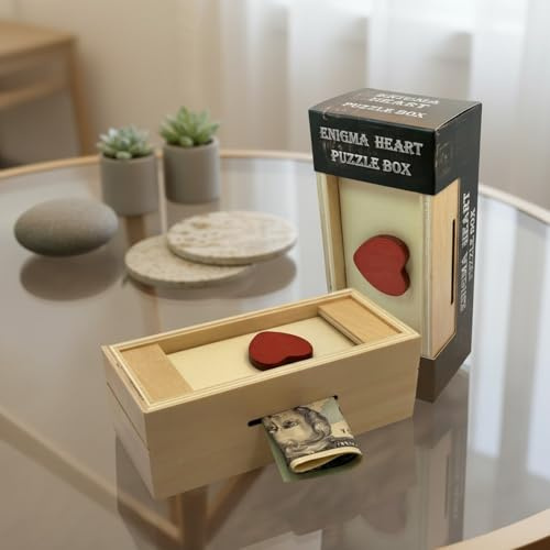 Puzzle Box Enigma Heart Secret – Geld und Geschenkkartenhalter in einem hölzernen Zaubertrickschloss mit verstecktem Fach Sparschwein Gehirnspiel