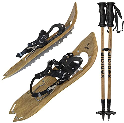 ALPIDEX Schneeschuhe Holzoptik Vintage Steighilfe Tragetasche Schuhgröße 38 bis 45 Optional Stöcke, Farbe:Brown Timber - mit Stöcke