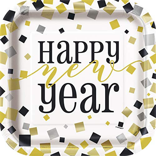 Unique Happy New Year Foil Square 9 Dinner Plates, White Black Gold, 16 CT