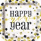 Unique Happy New Year Foil Square 9 Dinner Plates, White Black Gold, 16 CT