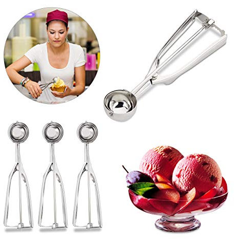 Relaxdays 4 Cucharas Helado con Disparador para Bolas de Helado, Fruta y Masa de Galletas, Acero Inoxidable, Plateado, ∅ 39 mm