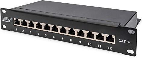 DIGITUS Cat-6A Panneau de brassage - 12 ports - RJ45 femelles - montage en rack 10 pouces 1U - panneau de distribution LSA - blindé - noir
