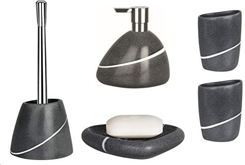 Spirella Badezimmer Set, 5-teiliges Badzubehör aus Keramik Etna Seifenspender, WC Bürste, Seifenschale, Aufbewahrungsdose und Zahnputzbecher Grau Stone