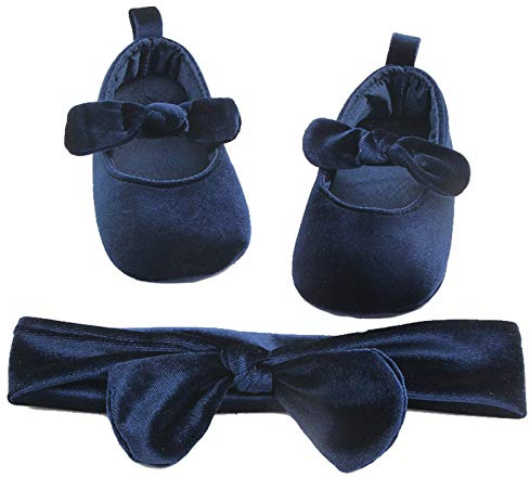 amropi Baby Girls Mary Jane Shoes with Bowknot Headband Soft Sole Ballerina Ballet Flats Navy,9-12 Months Infant