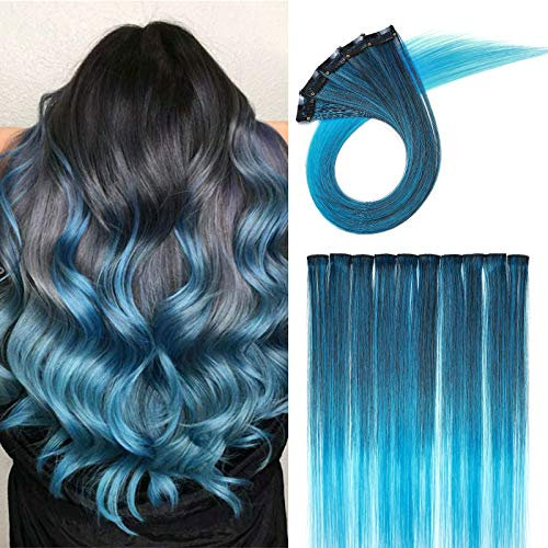Silk-co Hair Extensions Bunte Haarsträhnen Clip in Extensions Regenborgen Farbiger Haarverlängerung Glatt DIY Highlight Haarteil 10Pcs-50g 50cm #Naturschwarz & Blau