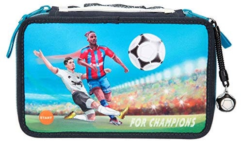 Depesche 11290 Gefüllte Federtasche mit LED, im Fußball Design, ca. 7,5 x 13 x 20 cm groß, mit 3 Reißverschlüssen, gefüllt mit Stiften von Lyra, Lineal, Schere, Kleber und kleinem Geheimfach