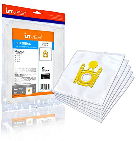 Invest - Staubsaugerbeutel Ersatz, Filtertüten Beutel Kompatibel mit Kärcher VC6 VC 6 VC 6 Premium, VC 6000-6999, VC 6100, VC 6200, VC 6300, VC 6.150, VC 6250 PET, VC 6350, VC 6400 PB - Weiß, 5 Stück