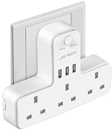 Plug Adapter 3 Way with 3 USB Charging ports,JSVER Plugs Extension Multi Sockets Wall Charger Adapter 13A UK Power Socket with Swithch for Bedroom,Office,Kitchen,White