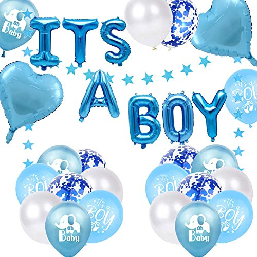 Babyparty Deko Junge, Baby Shower It's a Boy Ballon Blau Stern Banner Herz Folien Ballon Elefant Fußabdruck Ballons Blau für Neutral Gender Reveal Party Dekoration Boy
