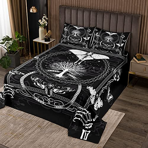 Gothic Motte Tagesdecke 240x260cm Menschliches Skelett Totenkopf Print Steppdecke Schwarz-weiße Tagesdecke 3er Set für Jungenzimmer Mottenschädel Übergroße Bettwäsche Steppdecke mit 2 Kissenbezügen