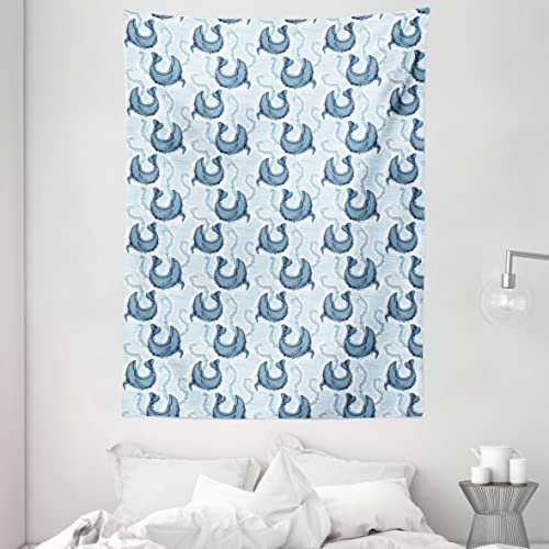 ABAKUHAUS Wal Wandteppich, Big Ozean Säugetier Weed Grafik, Wohnzimmer Schlafzimmer Wandtuch Seidiges Satin Wandteppich, 150 x 200 cm, Baby Blue Night Blue