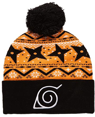Naruto Shippuden Wintermütze mit verstecktem Blattdorf, bestickte Manschette, Design Ninja Wurfsterne, Fair-Isle-Muster, für Herren, mit Bommel, Schwarz / Orange