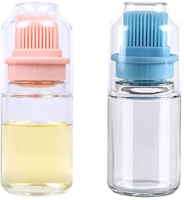 Rousey 2 Piezas Botella Dispensadora Aceite, Botella Cepillo de Aceite, Aceite de Silicona Botella con Pincel, Botella Aceite Pequeña, para Asar, Ensaladas, Cocinar, Hornear (2 Colores)