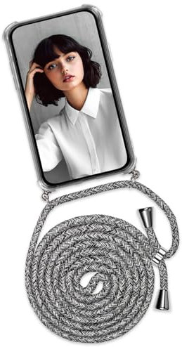 ONEFLOW Handykette für Samsung Galaxy S22 Plus Hülle mit Band, Handyhülle mit Kette abnehmbar, Handyband zum Umhängen, Handy Umhängeband Lange Handykordel, Twist Case – Grau Weiß