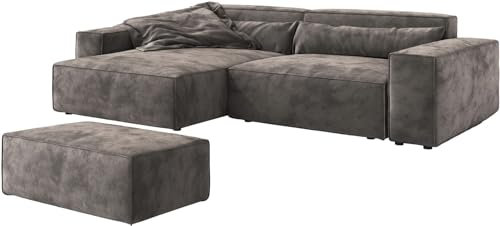 DELIFE Eckcouch Sirpio XL Mikrofaser Khakibraun 270x170 cm Recamiere variabel mit Hocker