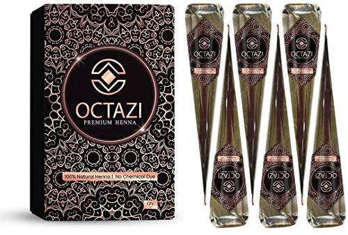 OCTAZI Henna Cones Brown Indian Mehendi Cones For Temporary Body Art Tattoo Mehindi All Natural Organic Herbal Pure Mehndi Henna Paste Cone For Festival, No Chemicals, No Dyes, Ready To Use (6 Cones)