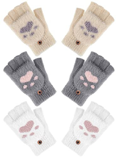 Bencailor 3 Paar Warme Fingerlose Fäustlinge mit Klappe Katzenpfote Winter für Frauen bei Kaltem Wetter (Dunkelgrau, Weiß, Hellkhaki)