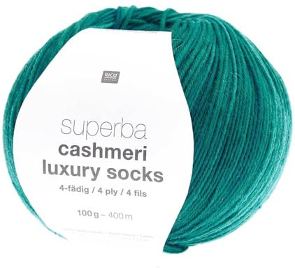 Superba Cashmeri Luxus-Sockenwolle, 4-fädig, 100 g, Rico Design – weich und luxuriös für Ihre Füße. Farbe: Grün (018 – Türkis)