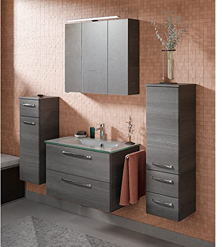 Lomadox Badmöbel Badezimmer Set Waschtisch 77 cm Glaswaschbecken Midischrank Unterschrank Spiegelschrank Aufbauleuchte Graphit Struktur quer
