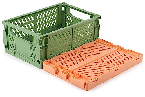 Volein 2 Stücke Faltbare Aufbewahrungskorb Kunststoff Aufbewahrungskiste Klappboxen Stabil Lagerkisten für Schubladen/Schränke/Tische(A- Orange+Grün)