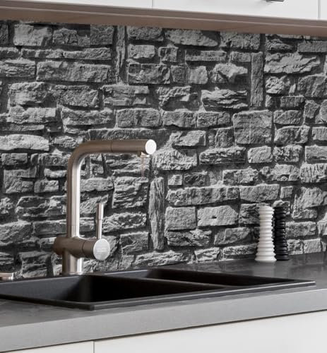 MyMaxxi Küchenrückwand Folie selbstklebend matt - einfache Montage ohne Bohren 0,4mm stark Versteift - Motiv Ziegelwand Grau 60cm hoch - Spritzschutz Küche Klebefolie - Steinwand Anthrazit 180 x 60cm