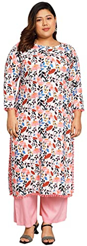 Tissu Kurta avec palazzo imprimé blanc et rose grande taille pour femme