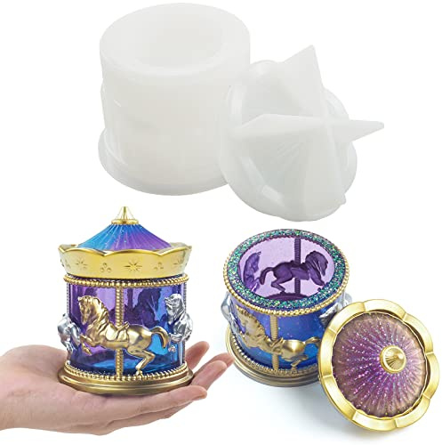 Voaesdk Storage Box Resin Molds, Carousel Jar Silicone Moulds with Lid, Jar Epoxy Mold for DIY Trinket Box, Organizer Bottle, Candy Container, Flower Pots, Candle Holder, Home Decor Gifts