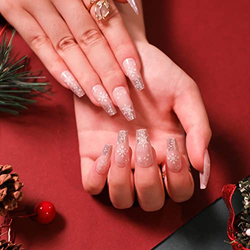 24PCS Christmas Long False Nails with Glue Stickers,Coffin Full Cover Acrylic Press on Nails no Glue,Silver Pink Snowflake Fake Nails for Women and Girls Nail Art.