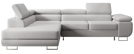 Selsey STEVIL - Ecksofa L-Sofa mit Schlaffunktion, Bettkasten, Ottomane links, Veloursbezug Grau
