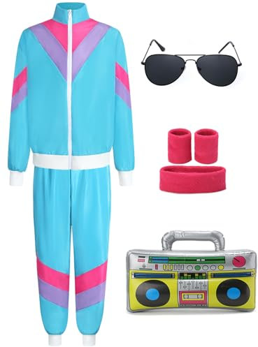 90er 80er Jahre Outfit Mädchen Jungen Jogginganzug Kinder Retro Trainingsanzug Kostüm Jacke Hose Anzug Kleidung New Kids Kostüm mit Handgelenkriemen Radio Sonnenbrillen für Karneval Fasching VL008M