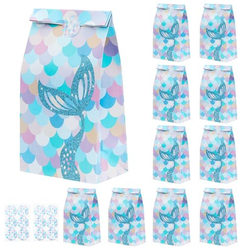 Papiertüten Partytüten, 10 Stk Geschenktüten mit Aufkleber, Meerjungfrau Geschenktüte zum Geburtstag, Mitgebsel Tüten Geschenk Kraftpapier Taschen für KinderParty Kindergeburtstag Verpacken Geschenken