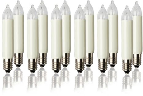 hellum Ersatzbirnen für Lichterbogen, 12 Stück 16V 3W klein-Schaftkerzen für Schwibbogen, für Ersatz-Kerzen Lichterketten innen und außen mit 15+16 Brennstellen, ø10mm E10/ 16V/ 3W/ 22Lumen 151329