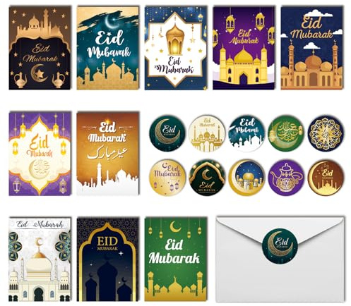 PARSUP 50 Pakete Eid Mubarak Karten Islamische Eid Card Papier Eid Grußkarten Saisonale Eid Mubarak Karten Feierkarten mit 50 Umschlägen und 50 Aufkleber für Eid Mubarak Party Dekorationen