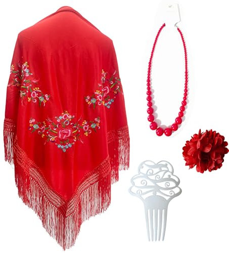 Mantón Bordado en Flores para Baile Flamenco Español, Set de Complementos Sevillana, Mantón, Collar, Flor y Peineta Flamenca para Adultos (Rojo)