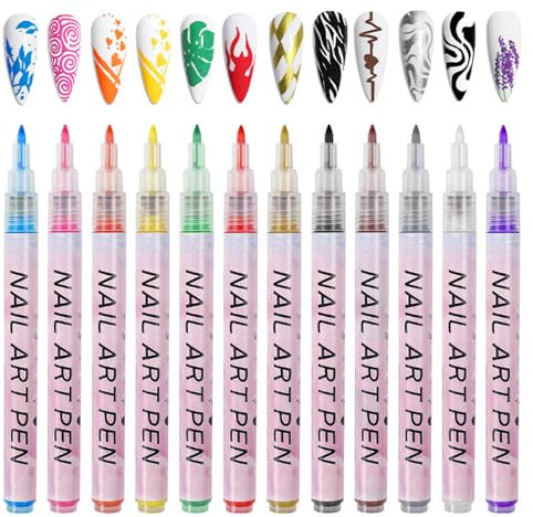 Nail Art Pens, 12 Colors Nail Polish Pens Set, Waterproof Nail Varnish Pens, Quick Dry Nail Art Graffiti Painting Pens DIY Abstract Lines Detail Pen Manicure Polish Tools - (0.7mm, Plastic Pen Nib)