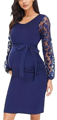 Robe Grossesse Chic Et Élégante Pour Shooting Photo - Manche Longue Dentelle Col Rond Fleur Enceinte Pas Cher Volants Maxi Maternité Fête Soirée Mariage Cérémonie (Navy, XXL)