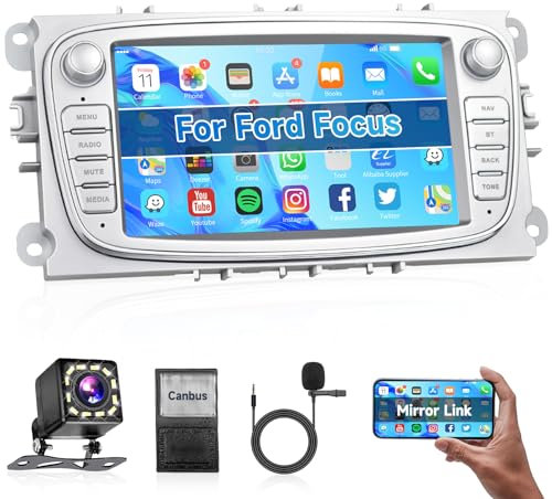 Podofo Autoradio 2 Din per Ford Focus Mondeo C-MAX S-MAX Galaxy II Kuga con schermo 7'',Bluetooth Radio Android con Airplay e Android Cast, Mirror Link WiFi FM/RDS con 12 LED Back-up Camera