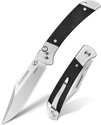 LOTHAR FALCON couteau de poche, 7.7CM tranchant 14C28N acier couteau pliant, petit G10 poignée couteau à main avec bouton, couteau EDC, clip de ceinture, idéal pour les amateurs de plein air
