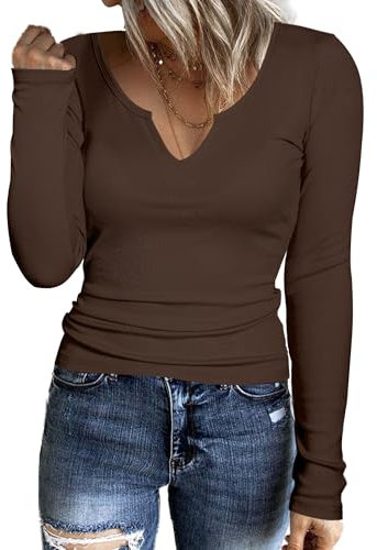 Aottori Camiseta Marrón Mujer Manga Larga Basica Tops Cuello en V Elegante Acanalada Punto Blusas Shirts Elástico Ligero Liso Casual Túnica Camisetas Marrón L