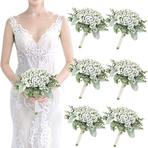 Künstliche Brautjungfernsträuße für Hochzeiten, 6 Stück, künstlicher Schleierkraut, weißer künstlicher Schleierkrautstrauß für Brautjungfern, Hochzeit, Brautparty, Tafelaufsätze – 17,8 cm