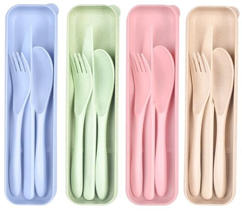 lomdung 4 Pièces Voyage Ensemble Couverts Set, Ensemble de Couvert Plastique Reutilisable avec étui Couvert, Couteau/Fourchette/Cuillère, pour Camping, Pique-Nique, Festivals et les Voyages