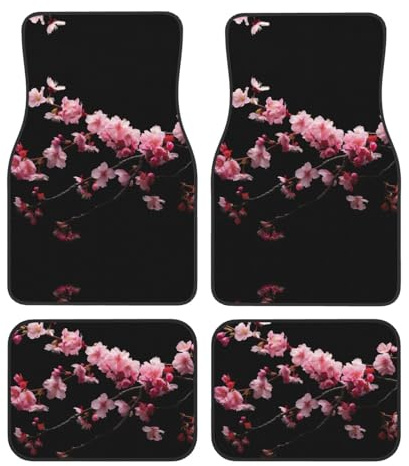 TTYDOKLA Universelle Automatten mit japanischen Kirschblumen, 4-teiliges Set, Auto-Fußmatten für Geländewagen und Autos, widerstandsfähige Fußmatten aus Polyester in Rosa, Einheitsgröße