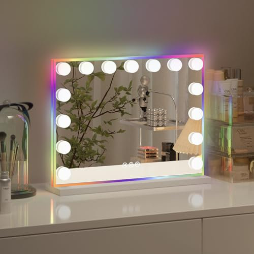 JXMILO Hollywood Schminkspiegel mit Beleuchtung, RGB Licht, 15 Dimmbare Groß LED Licht 3 Farbtemperatur Licht, Vanity Spiegel Badspiegel Tischspiegel, Wandspiegel mit 10X Vergrößerung, 58X46cm