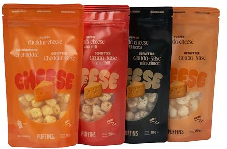 PUFFINS - Knuspriger Käse Keto Snack Set - Goudakäse, Cheddarkäse - 100% Käse - Ohne Zucker, Kohlenhydrate - Protein Snack - Gesunde Snacks - Viel Eiweiß - Klassich, Chili, Kräutern, Cheddar - 4x50g