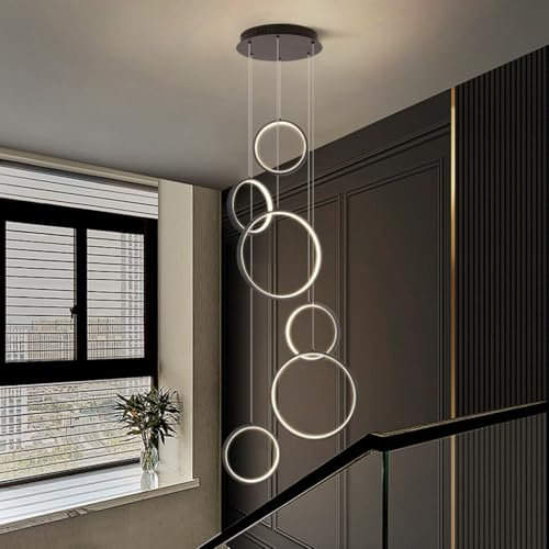 HYQJUNE Modern LED Hängelampe Dimmbar Ringe Pendelleuchte Wohnzimmerlamp Aluminium Treppe Hängeleuchte Xuanguan Schlafzimmer Esszimmer Küchenlampe Höhenverstellbar Lampen(6-Ring)