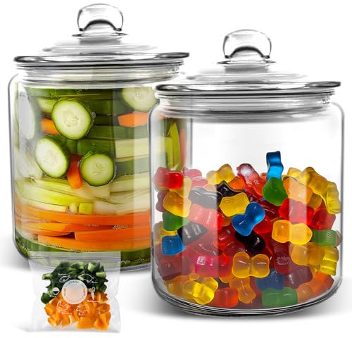 MASTERTOP Biscuit Jars, Set of 2 Glass Storage Jar with Airtight Lid, 3.9L Cookie Jar Sweet Jars with 15pcs Storage Bags, Clear Glass Container for Coffee, Sugar, Pickle, Oats, Flour, Pods
