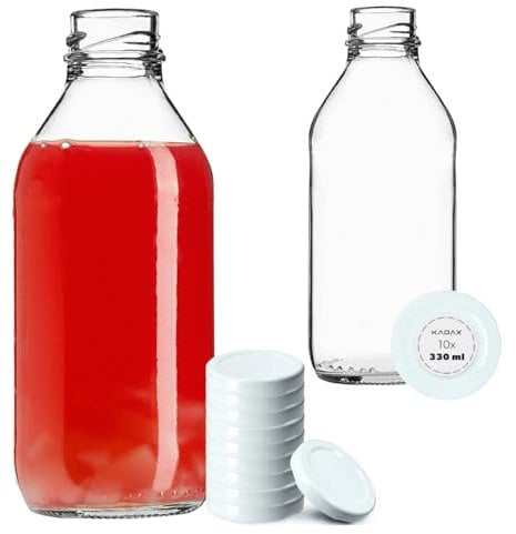 KADAX Leere Glasflaschen 0,33L mit Schraubverschluss, Set aus 10 Stück, Saftflaschen, Kleine Flaschen zum Befüllen für Milch & Saft & Smoothies (Weiß)