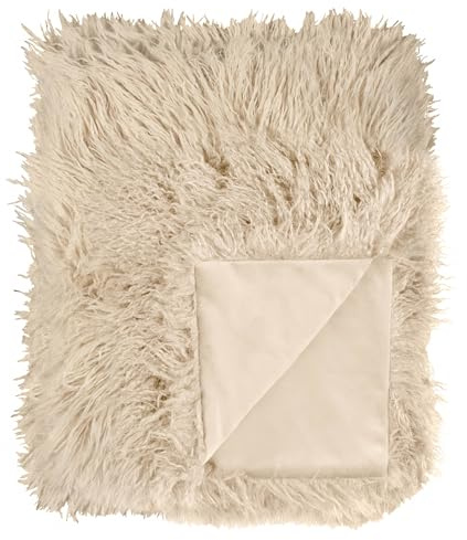 furn. Rowan Throw – Soft Faux Fur Mongolian Style Decorative Blanket with Velvet Reverse (Natural - 130x175cm)